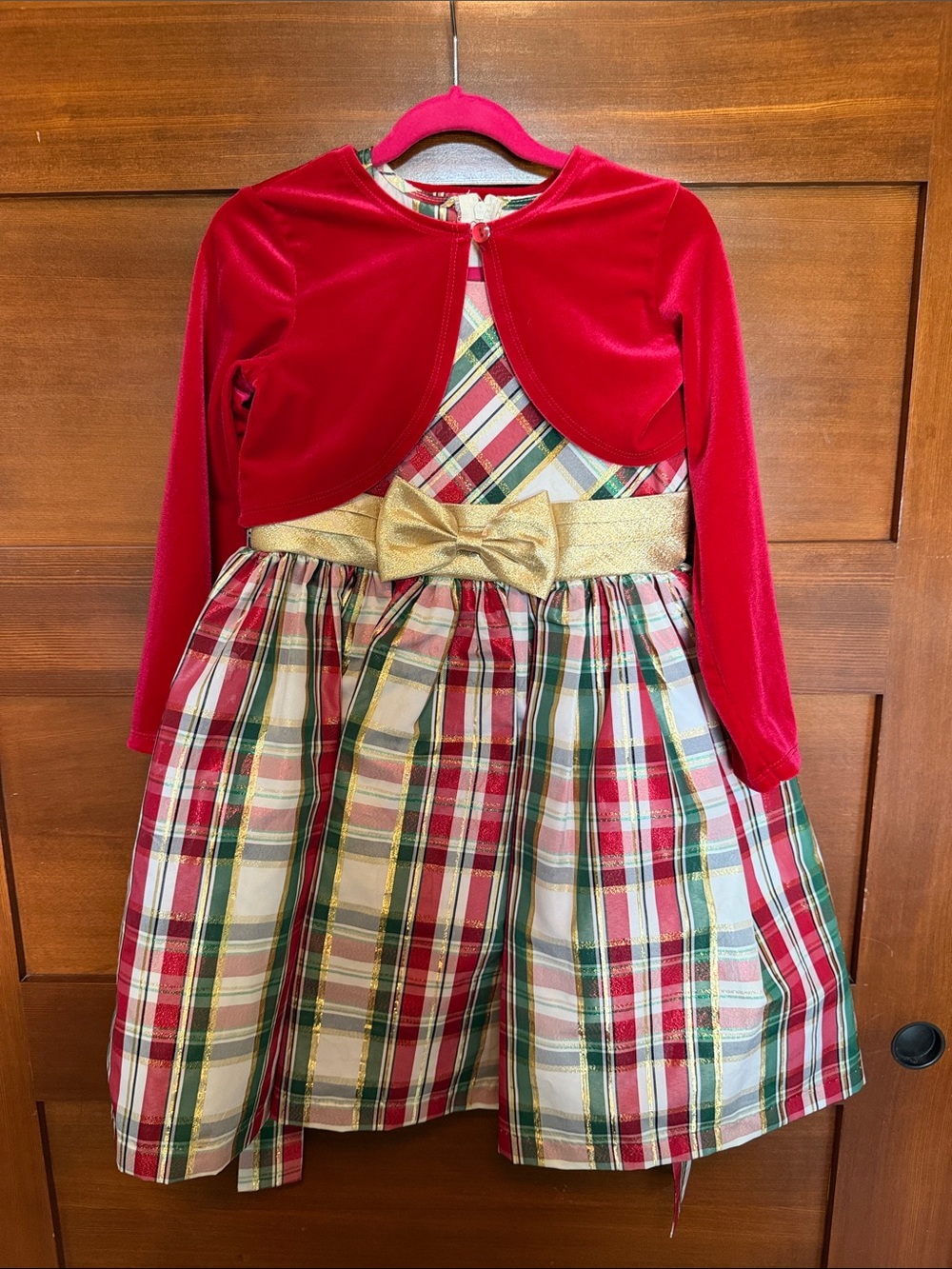 Bonnie Jean Red Velvet & Plaid Dress with Gold Bow